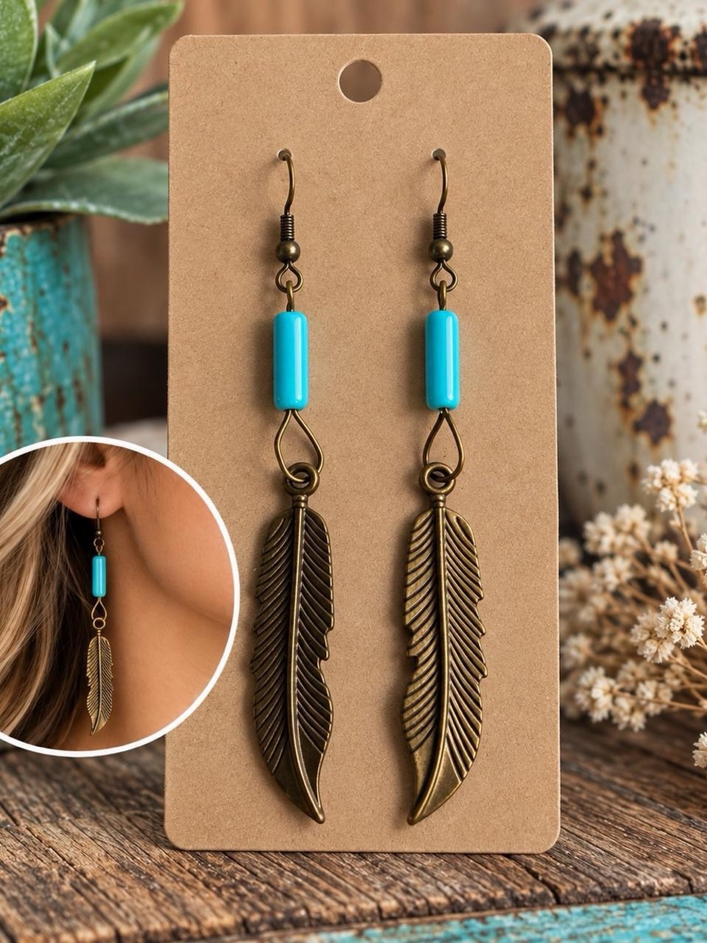 Handmade Turquoise Bronze Feather Dangle Earrings Boho Western